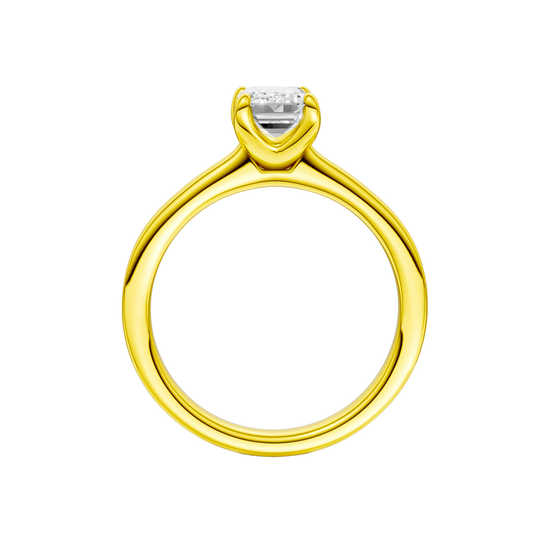 A profile view of the Emerald cut diamond engagement ring in 14k yellow gold with a plain band and solitaire setting