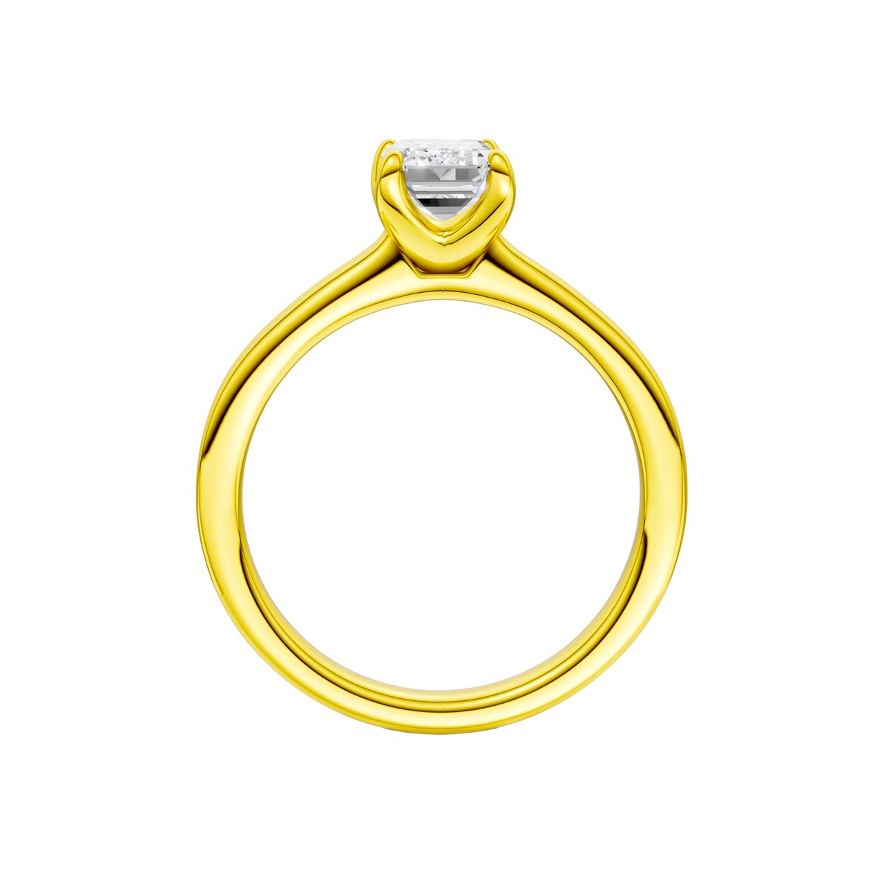 A profile view of the Emerald cut diamond engagement ring in 14k yellow gold with a plain band and solitaire setting