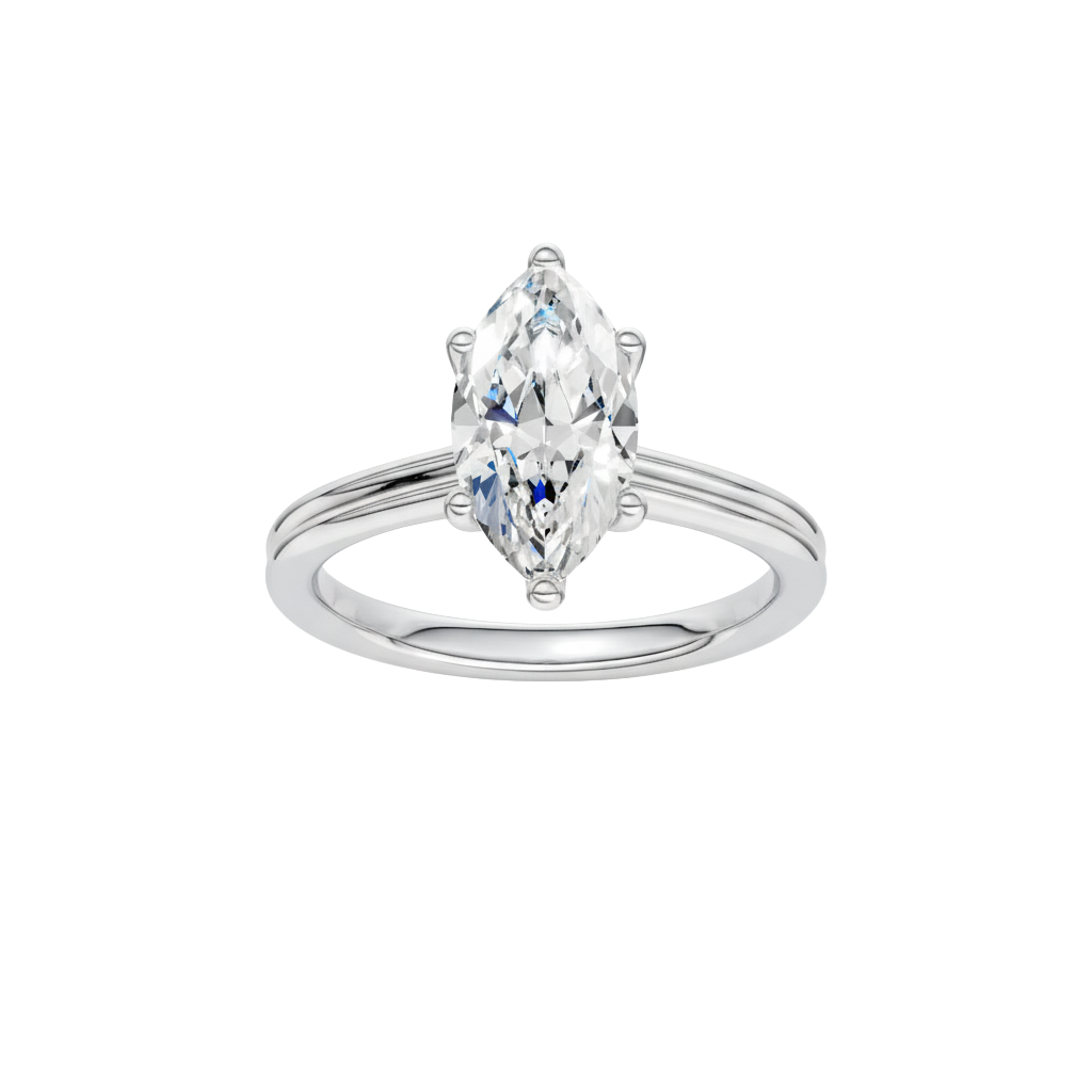 A three-quarter view of the Marquise cut diamond engagement ring in platinum with a plain band and solitaire setting