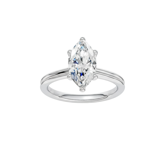 A front view of the Marquise cut diamond engagement ring in 14k white gold with a plain band and solitaire setting