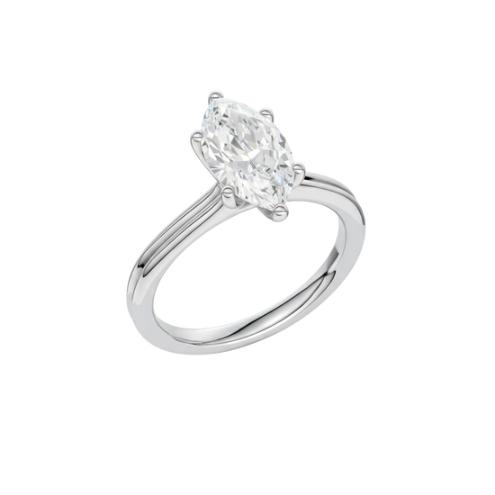 A front view of the Marquise cut diamond engagement ring in platinum with a plain band and solitaire setting