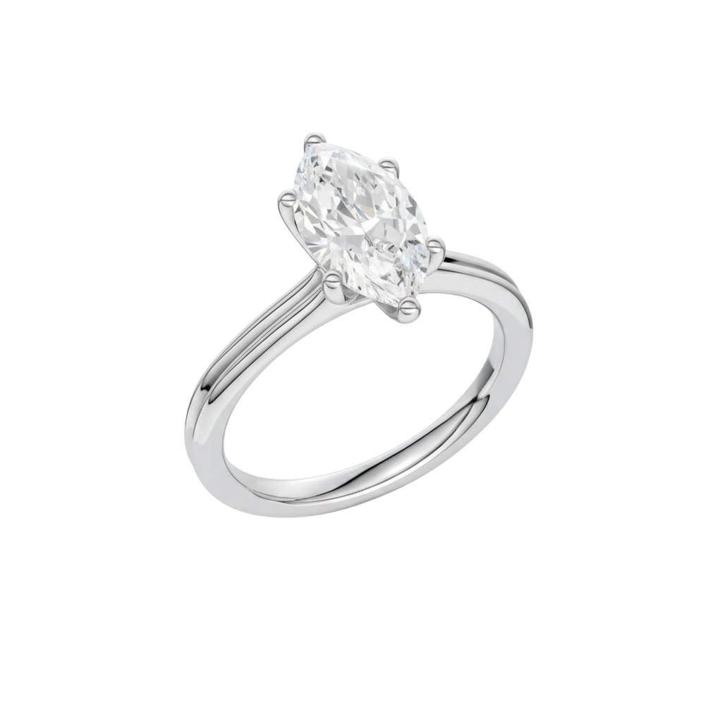 A front view of the Marquise cut diamond engagement ring in platinum with a plain band and solitaire setting