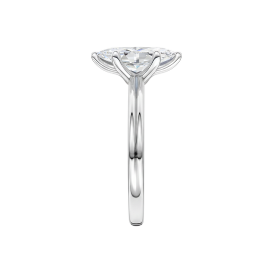 A side view of the Marquise cut diamond engagement ring in platinum with a plain band and solitaire setting