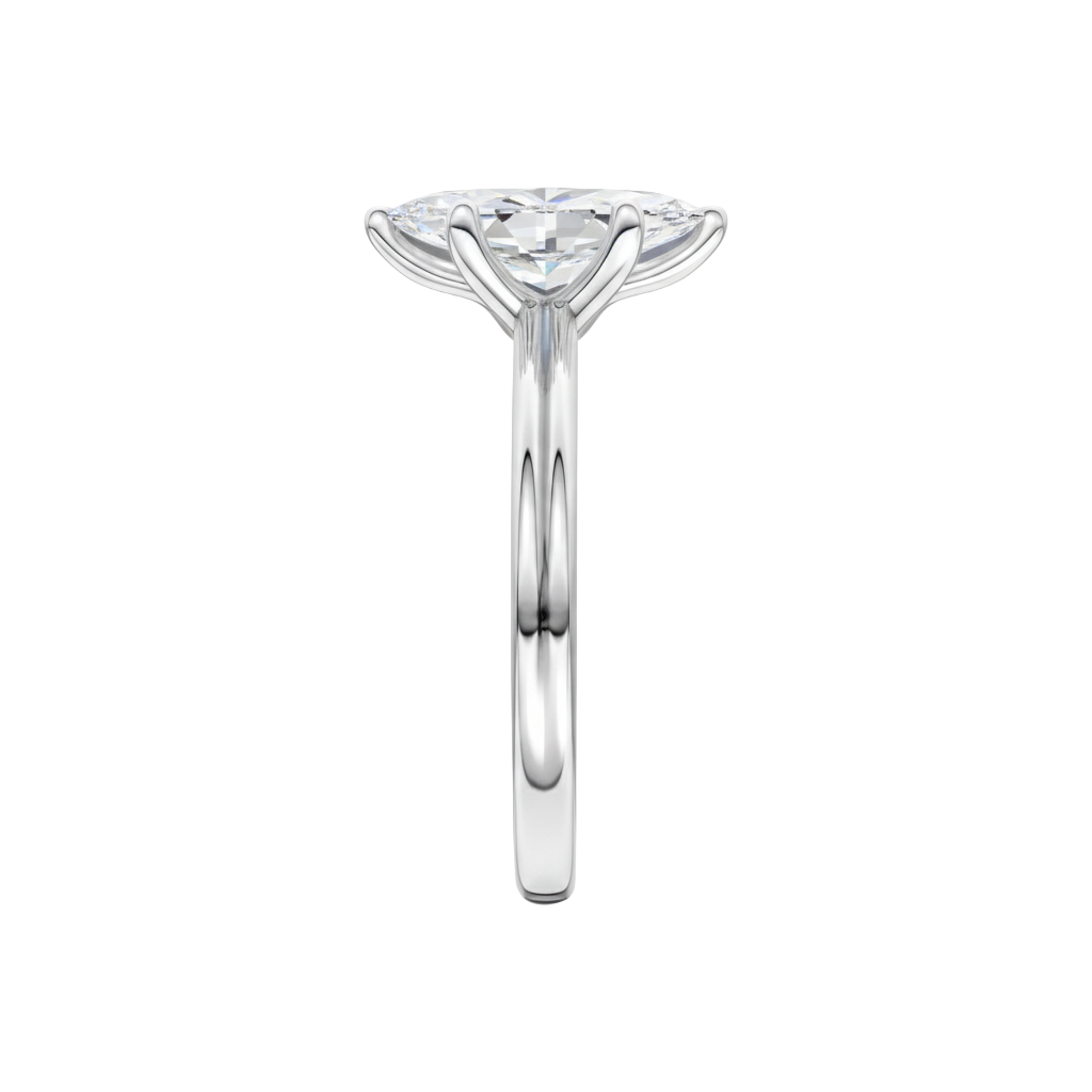 A side view of the Marquise cut diamond engagement ring in 14k white gold with a plain band and solitaire setting