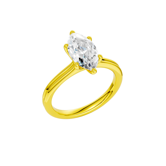 A three-quarter view of the Marquise cut diamond engagement ring in 14k yellow gold with a plain band and solitaire setting