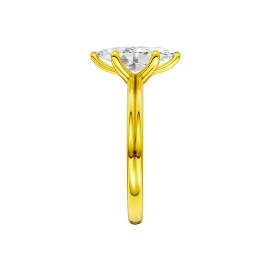 A side view of the Marquise cut diamond engagement ring in 14k yellow gold with a plain band and solitaire setting