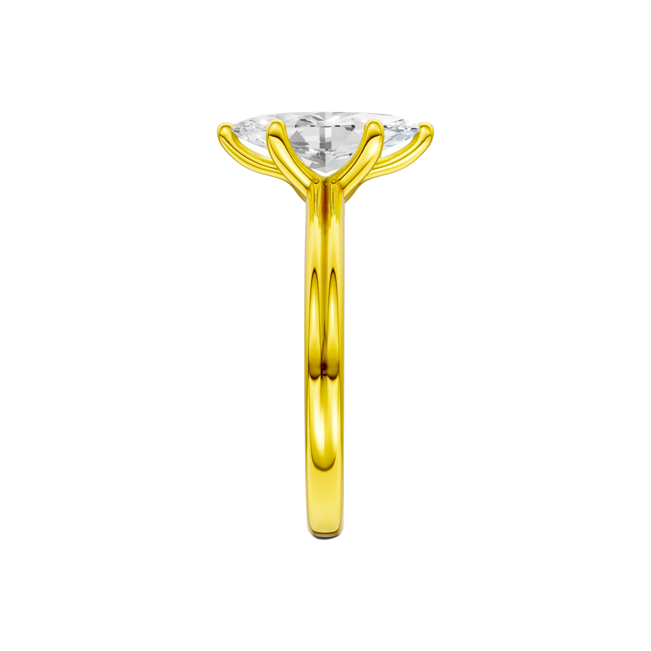 A side view of the Marquise cut diamond engagement ring in 14k yellow gold with a plain band and solitaire setting