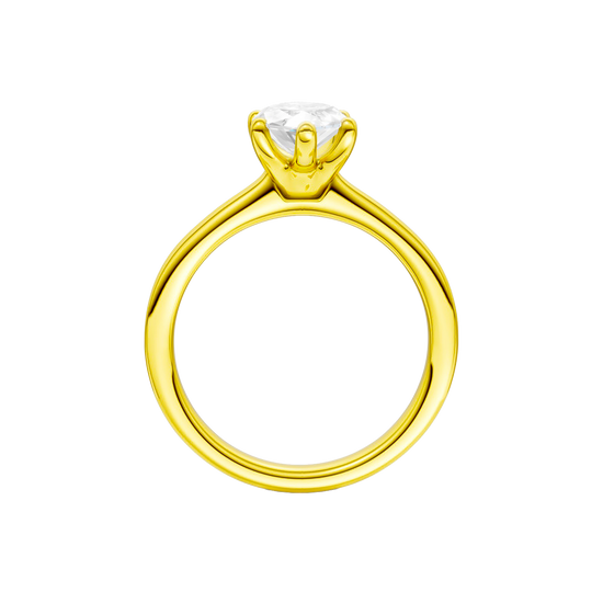 A profile view of the Marquise cut diamond engagement ring in 14k yellow gold with a plain band and solitaire setting