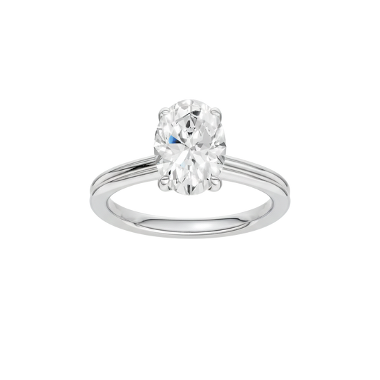 A front view of the Oval cut diamond engagement ring in platinum with a plain band and solitaire setting