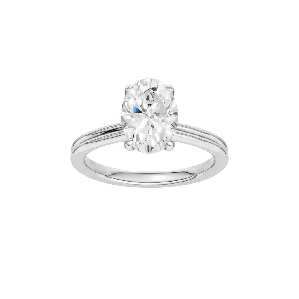 A front view of the Oval cut diamond engagement ring in platinum with a plain band and solitaire setting