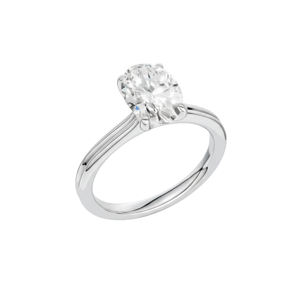A three-quarter view of the Oval cut diamond engagement ring in 14k white gold with a plain band and solitaire setting