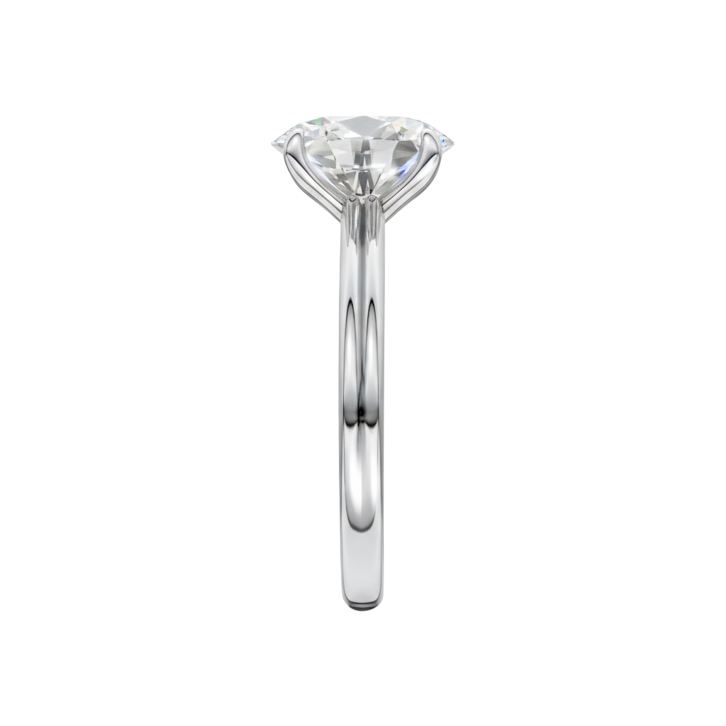 A side view of the Oval cut diamond engagement ring in platinum with a plain band and solitaire setting
