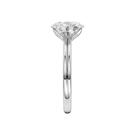 A side view of the Oval cut diamond engagement ring in 14k white gold with a plain band and solitaire setting
