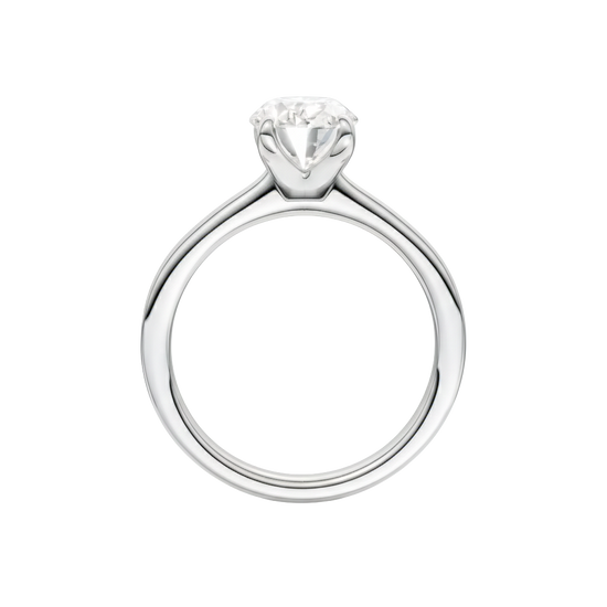 A profile view of the Oval cut diamond engagement ring in 14k white gold with a plain band and solitaire setting