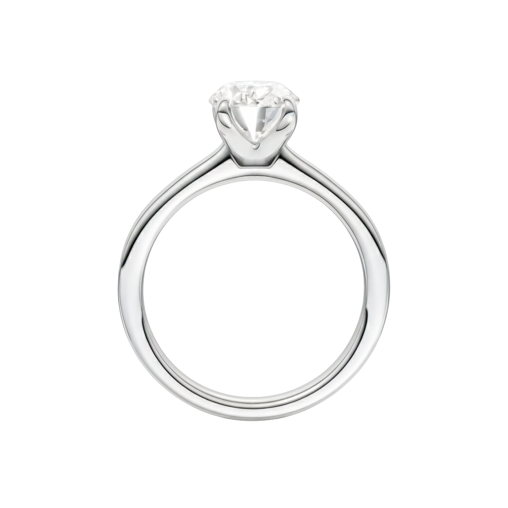 A profile view of the Oval cut diamond engagement ring in 14k white gold with a plain band and solitaire setting