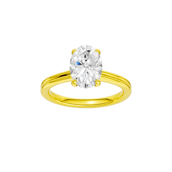 A front view of the Oval cut diamond engagement ring in 14k yellow gold with a plain band and solitaire setting
