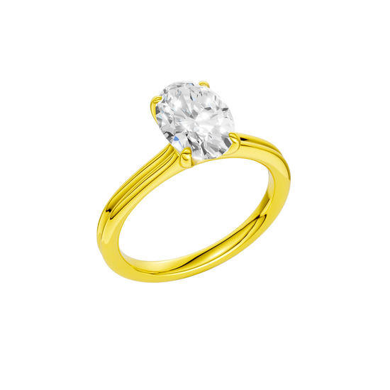 A three-quarter view of the Oval cut diamond engagement ring in 14k yellow gold with a plain band and solitaire setting