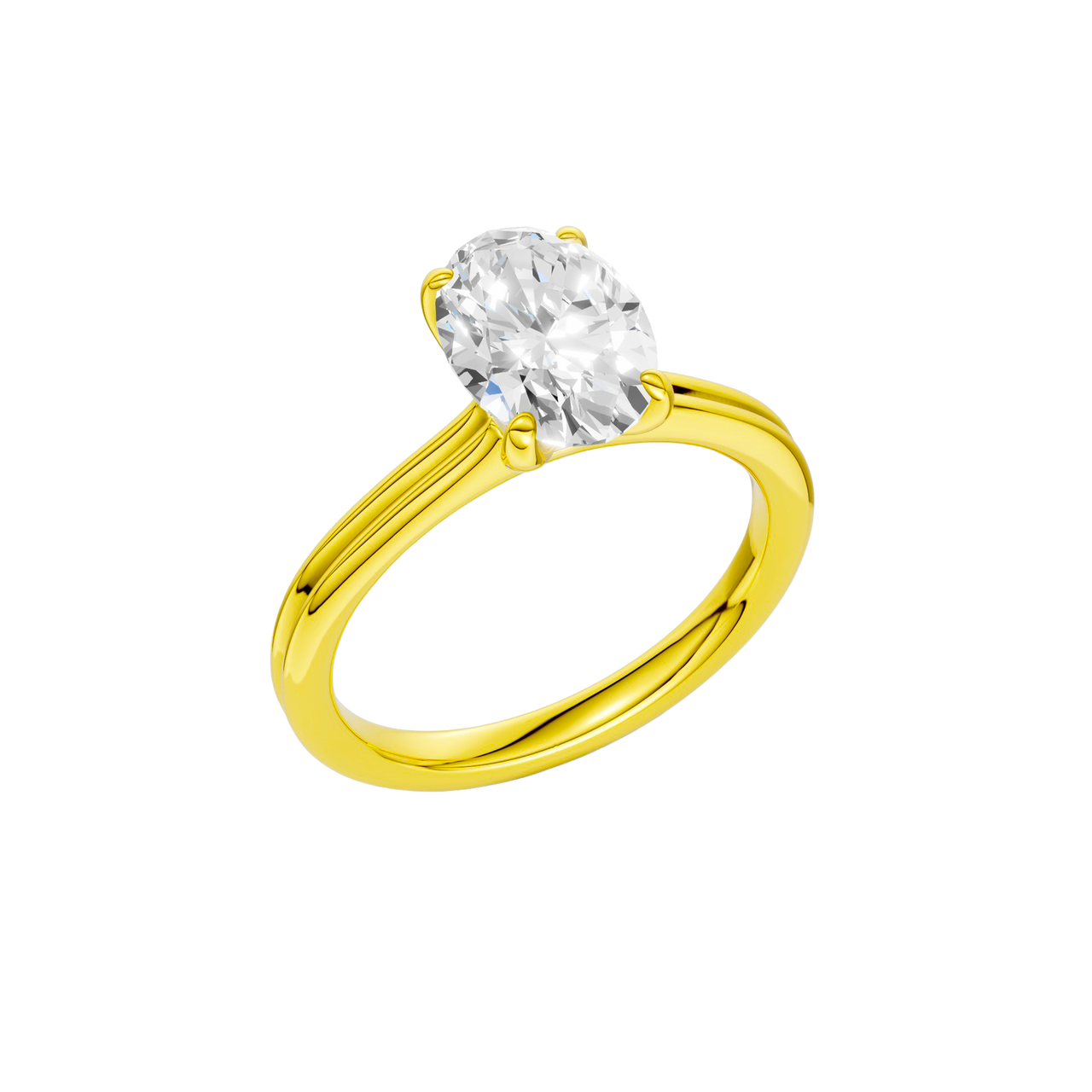 A three-quarter view of the Oval cut diamond engagement ring in 14k yellow gold with a plain band and solitaire setting