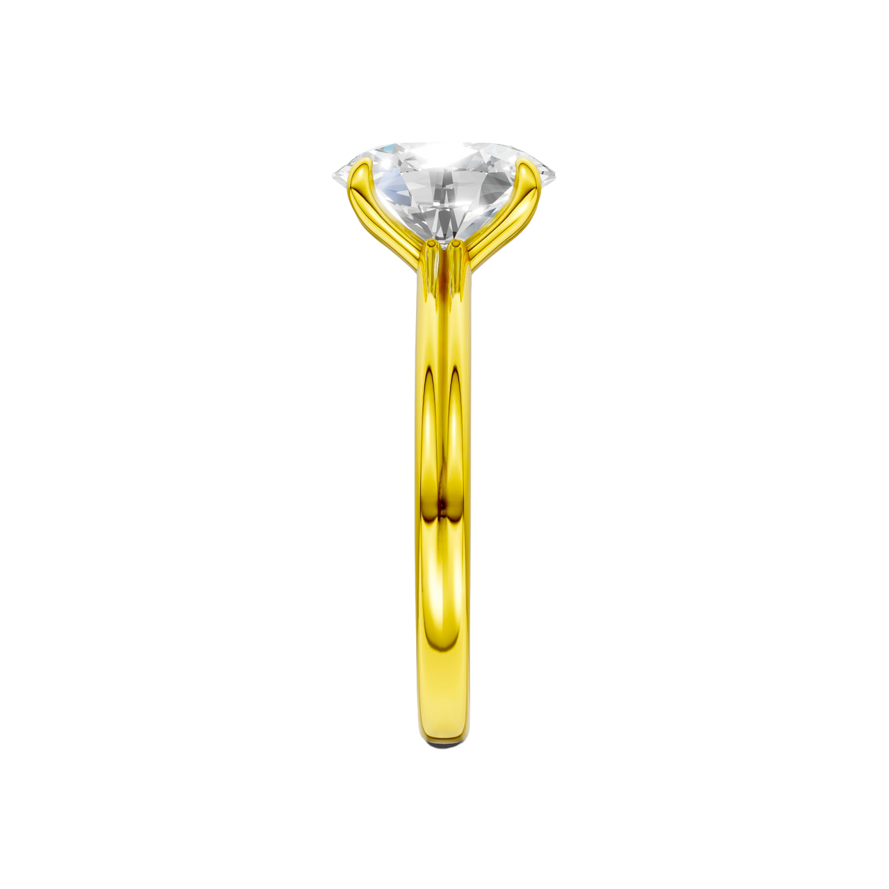 A side view of the Oval cut diamond engagement ring in 14k yellow gold with a plain band and solitaire setting