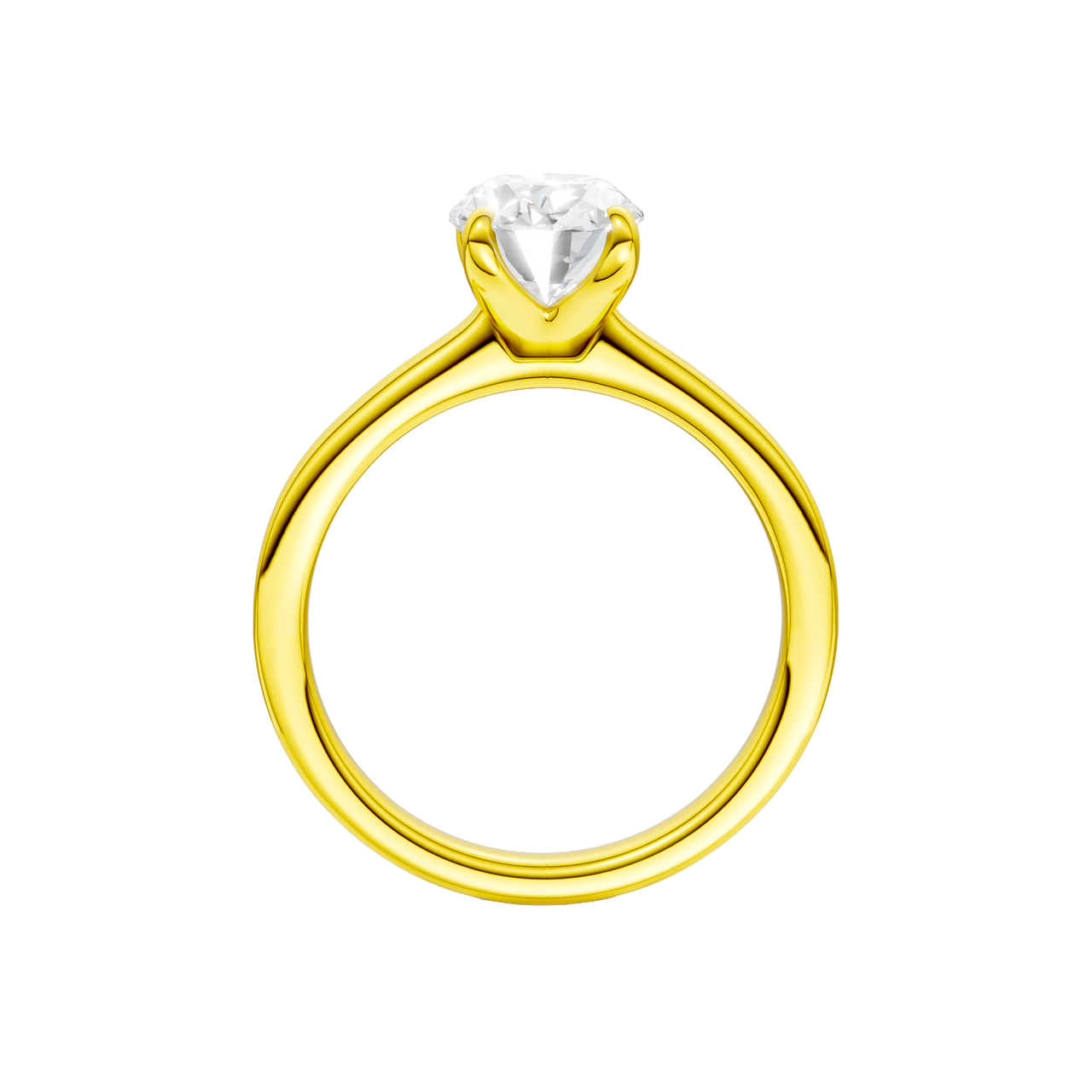 A profile view of the Oval cut diamond engagement ring in 14k yellow gold with a plain band and solitaire setting