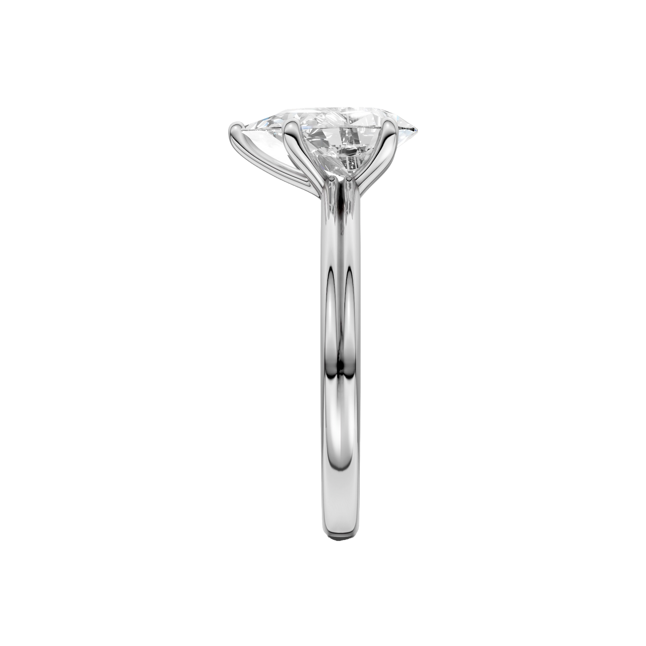A side view of the Pear cut diamond engagement ring in platinum with a plain band and solitaire setting