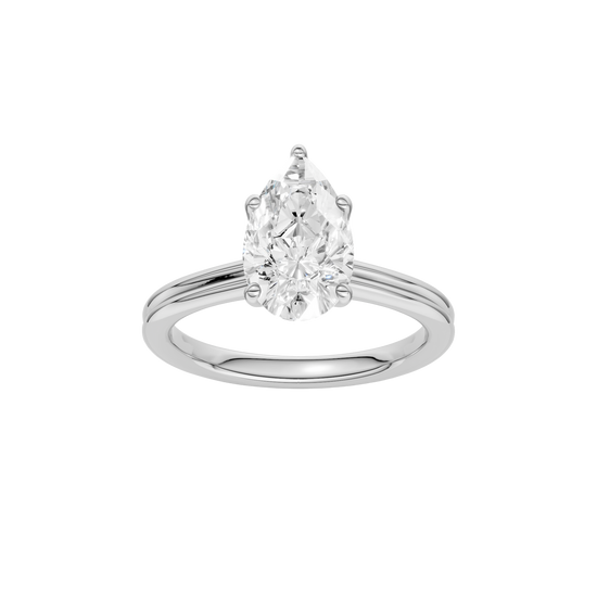 A front view of the Pear cut diamond engagement ring in platinum with a plain band and solitaire setting