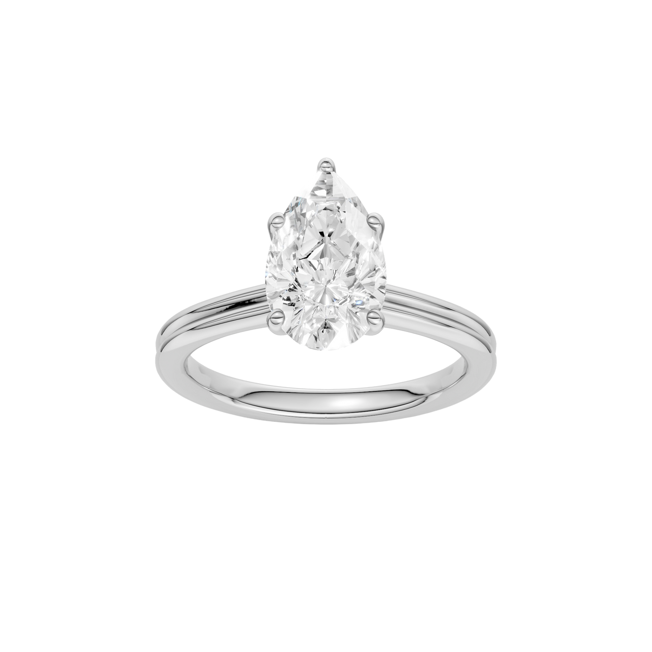 A front view of the Pear cut diamond engagement ring in platinum with a plain band and solitaire setting