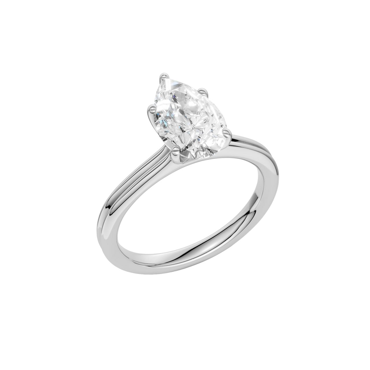 An angled view of the Pear cut diamond engagement ring in platinum with a plain band and solitaire setting
