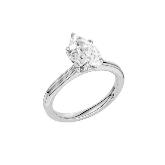 An angled view of the Pear cut diamond engagement ring in 14k white gold with a plain band and solitaire setting
