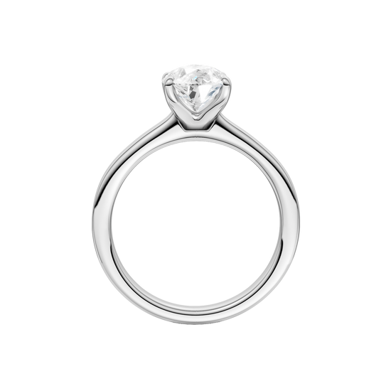 A profile view of the Pear cut diamond engagement ring in platinum with a plain band and solitaire setting