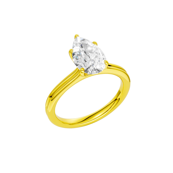 An angled view of the Pear cut diamond engagement ring in 14k yellow gold with a plain band and solitaire setting