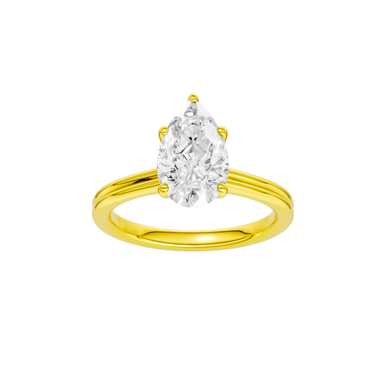 A front view of the Pear cut diamond engagement ring in 14k yellow gold with a plain band and solitaire setting