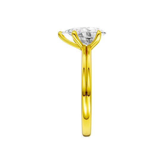 A side view of the Pear cut diamond engagement ring in 14k yellow gold with a plain band and solitaire setting