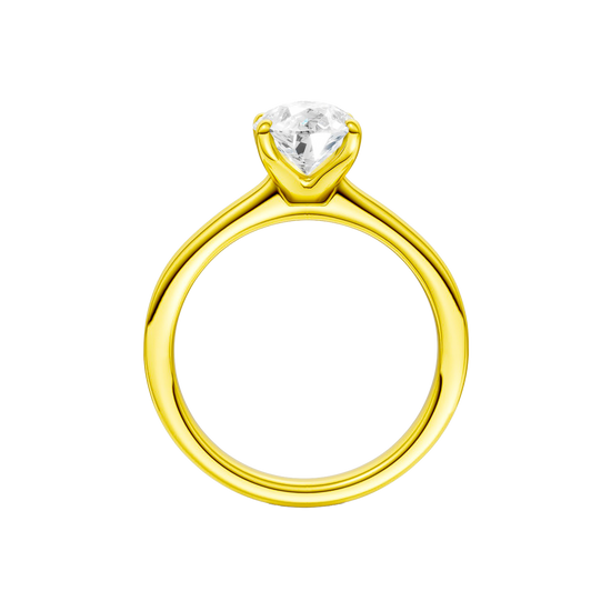 A profile view of the Pear cut diamond engagement ring in 14k yellow gold with a plain band and solitaire setting