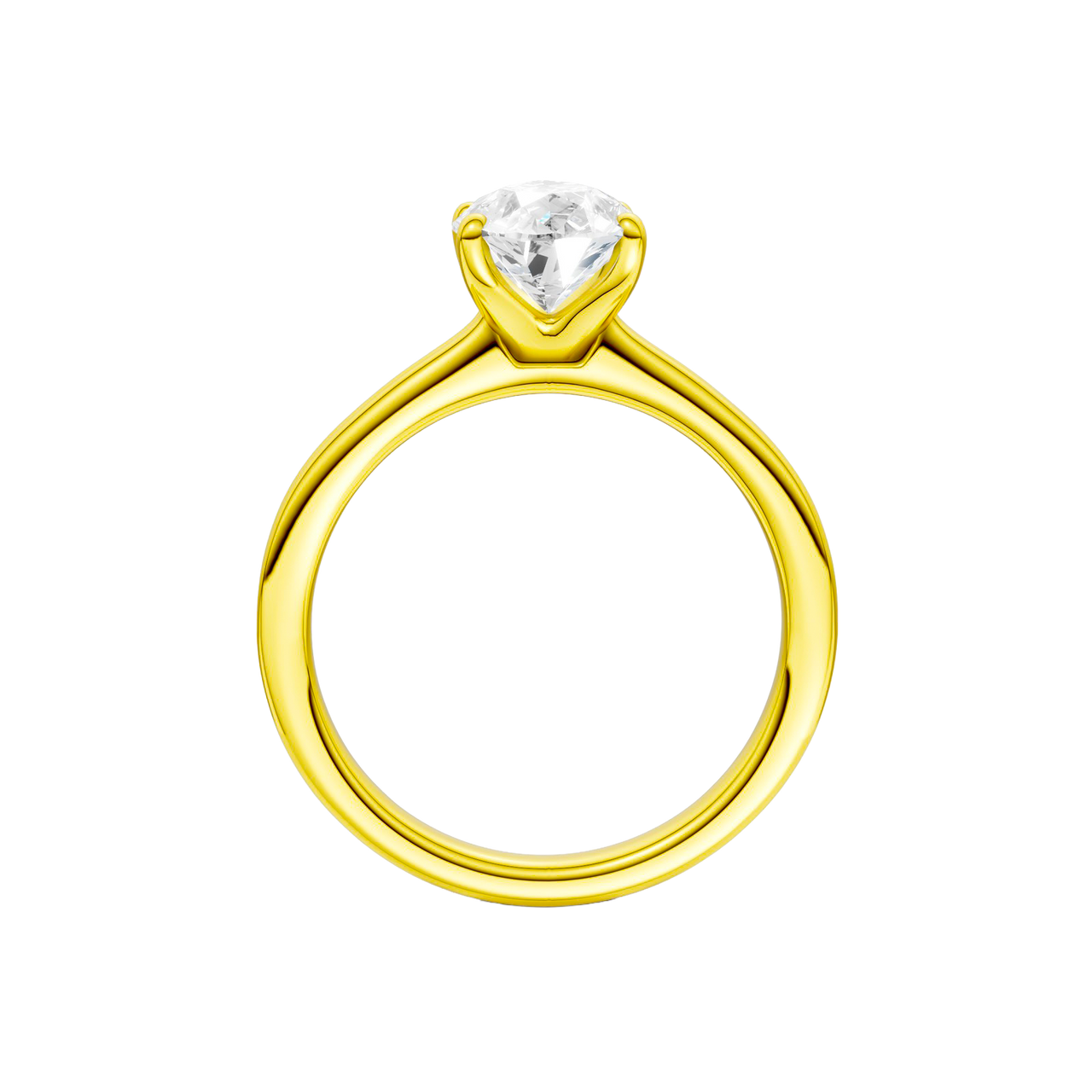 A profile view of the Pear cut diamond engagement ring in 14k yellow gold with a plain band and solitaire setting