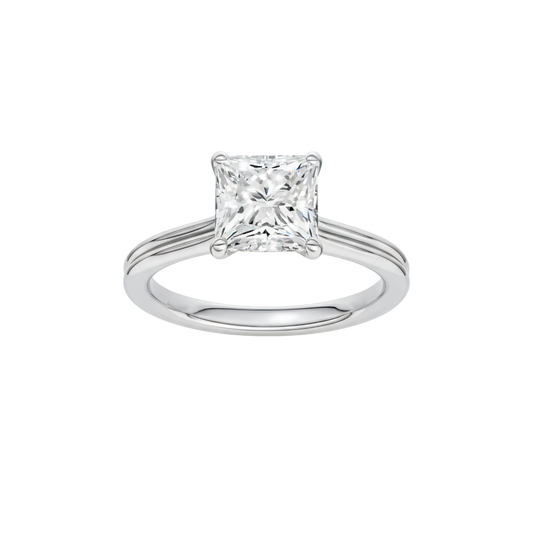 A front view of the Princess cut diamond engagement ring in 14k white gold with a plain band and solitaire setting