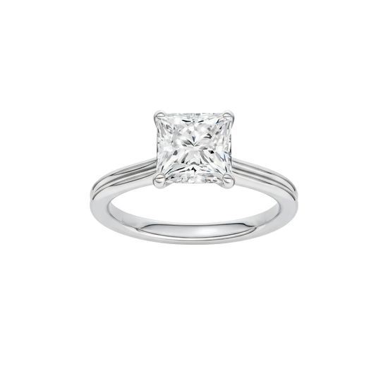 A front view of the Princess cut diamond engagement ring in platinum with a plain band and solitaire setting