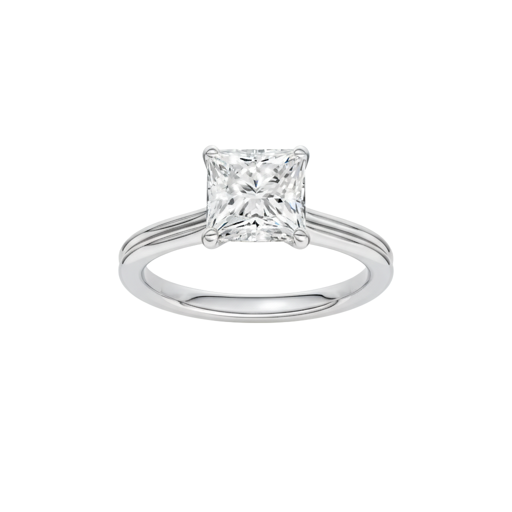 A front view of the Princess cut diamond engagement ring in platinum with a plain band and solitaire setting