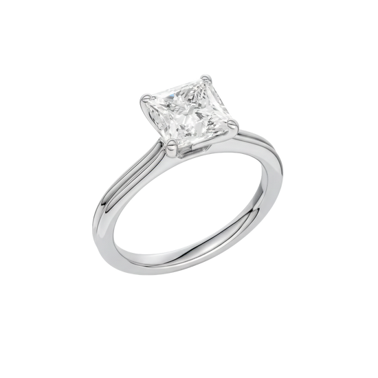 A three-quarter view of the Princess cut diamond engagement ring in 14k white gold with a plain band and solitaire setting
