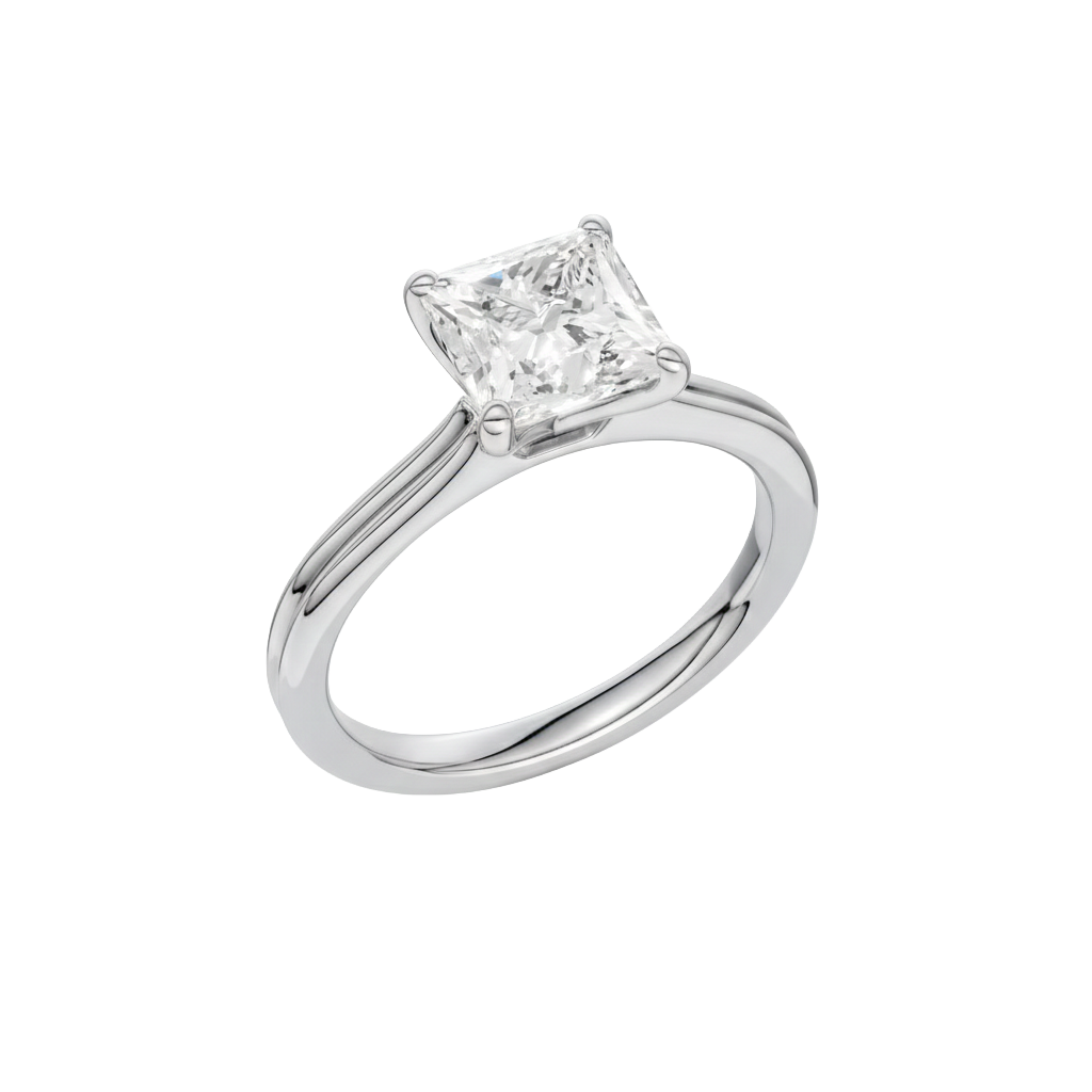 A three-quarter view of the Princess cut diamond engagement ring in 14k white gold with a plain band and solitaire setting