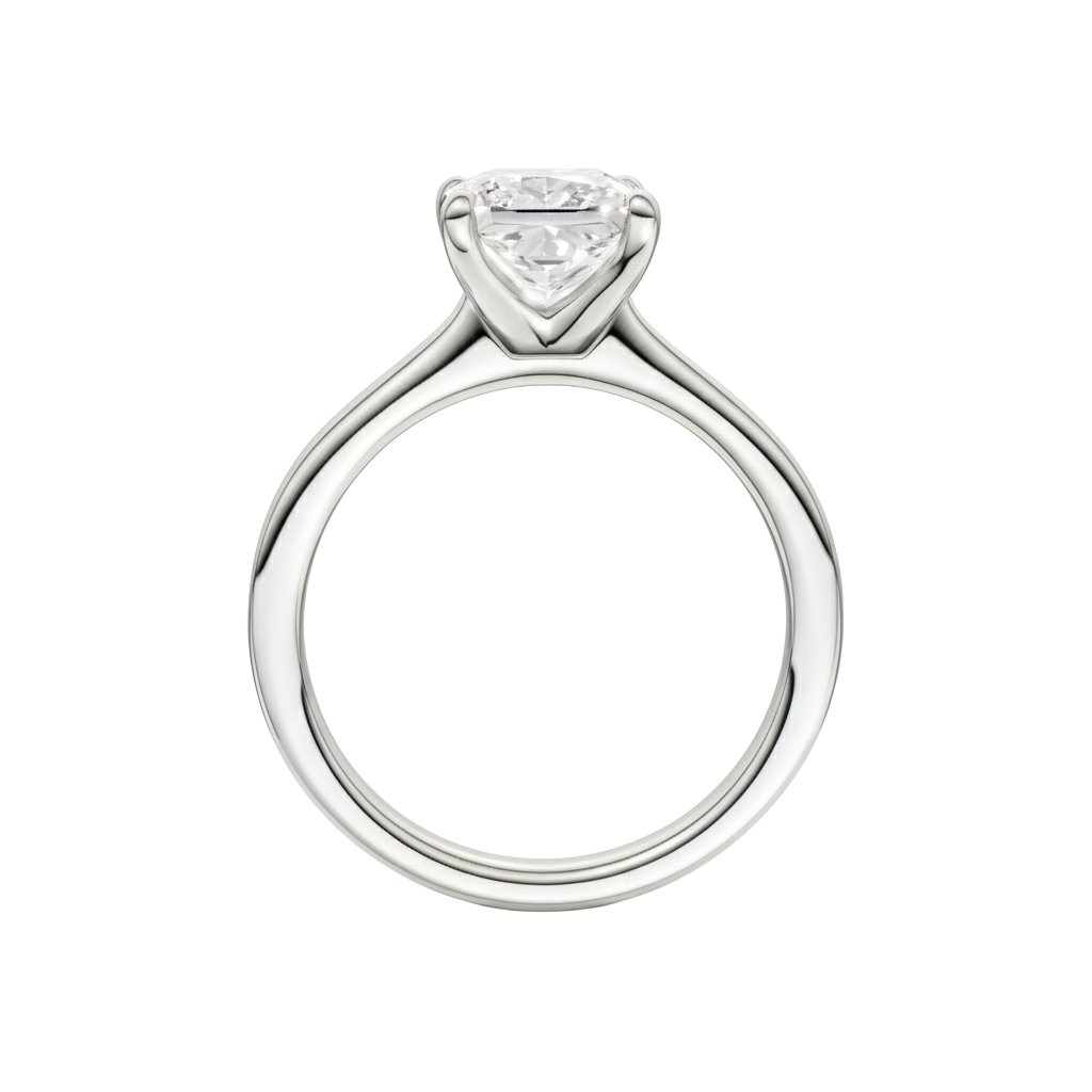 A profile view of the Princess cut diamond engagement ring in platinum with a plain band and solitaire setting