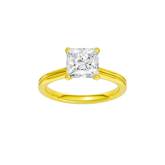 A front view of the Princess cut diamond engagement ring in 14k yellow gold with a plain band and solitaire setting