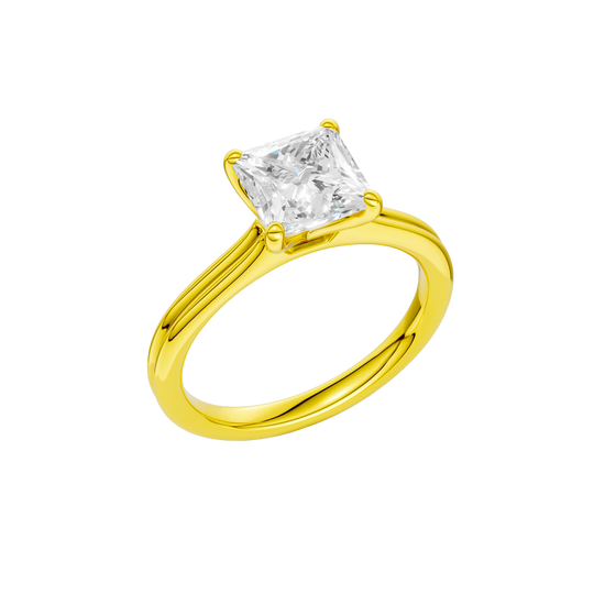 A three-quarter view of the Princess cut diamond engagement ring in 14k yellow gold with a plain band and solitaire setting