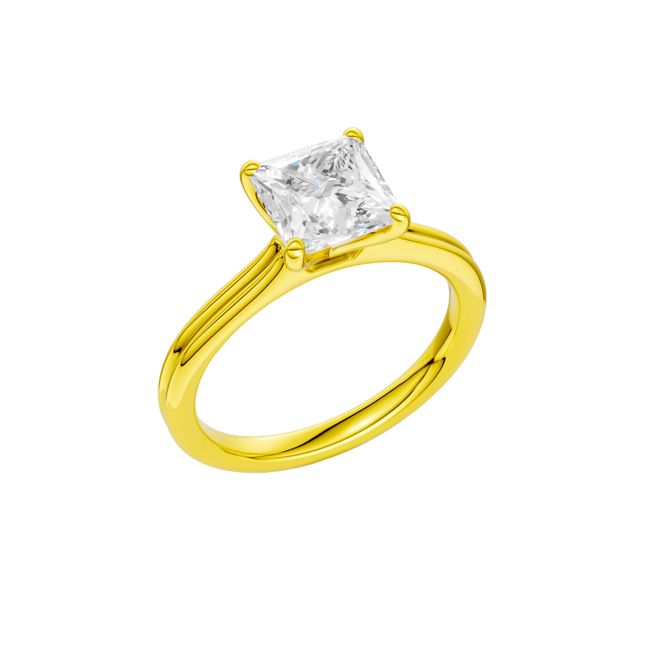 A three-quarter view of the Princess cut diamond engagement ring in 14k yellow gold with a plain band and solitaire setting