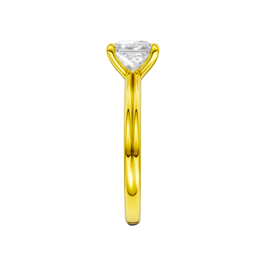 A side view of the Princess cut diamond engagement ring in 14k yellow gold with a plain band and solitaire setting