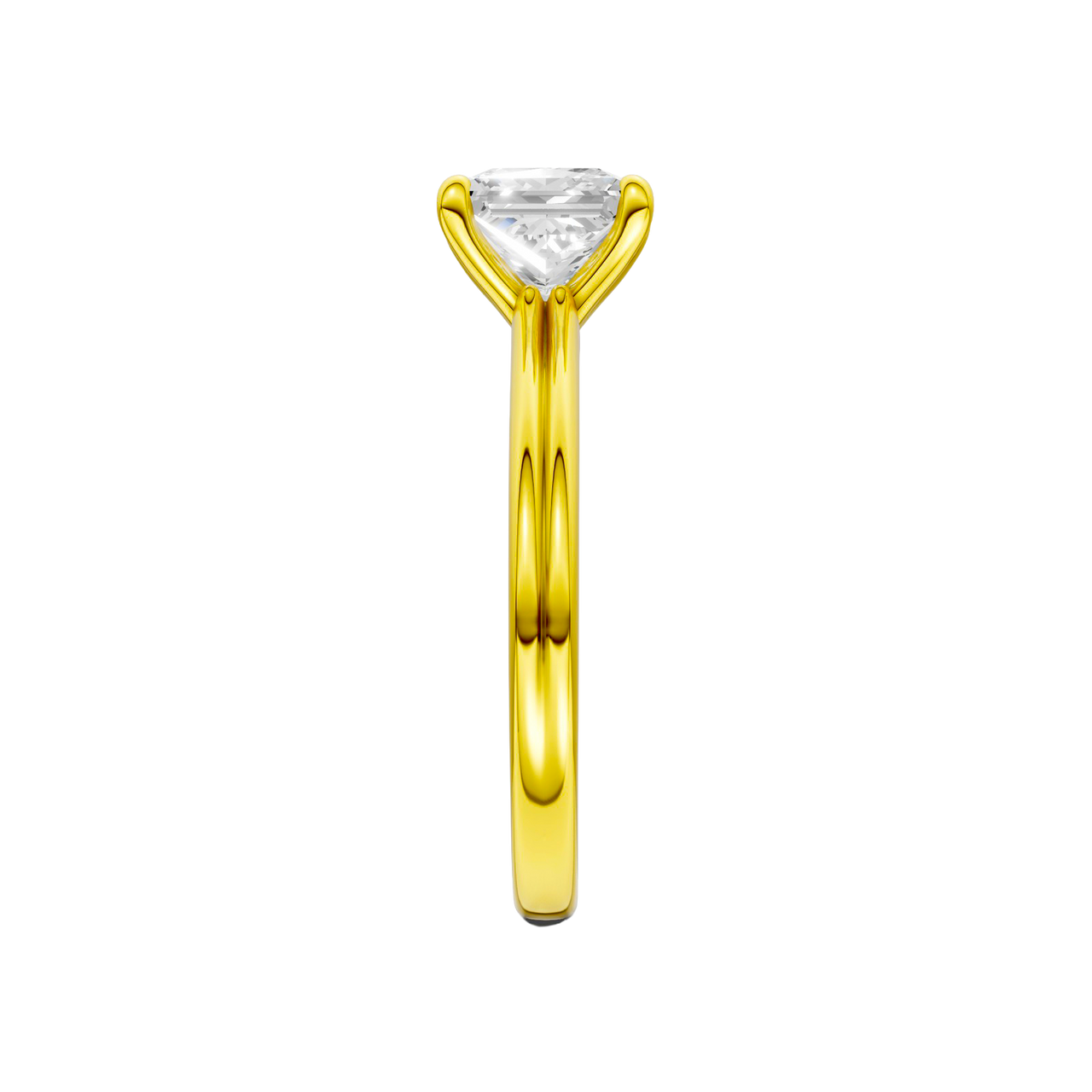 A side view of the Princess cut diamond engagement ring in 14k yellow gold with a plain band and solitaire setting