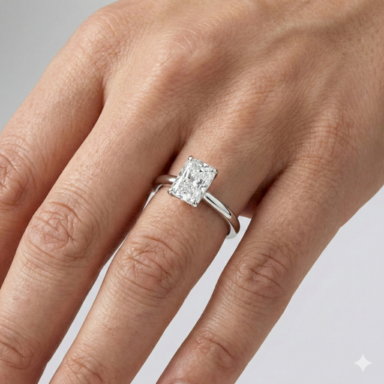 Radiant cut diamond engagement ring in 14k white gold with a plain band and solitaire setting on a hand