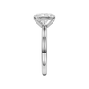 A side view of the Radiant cut diamond engagement ring in platinum with a plain band and solitaire setting