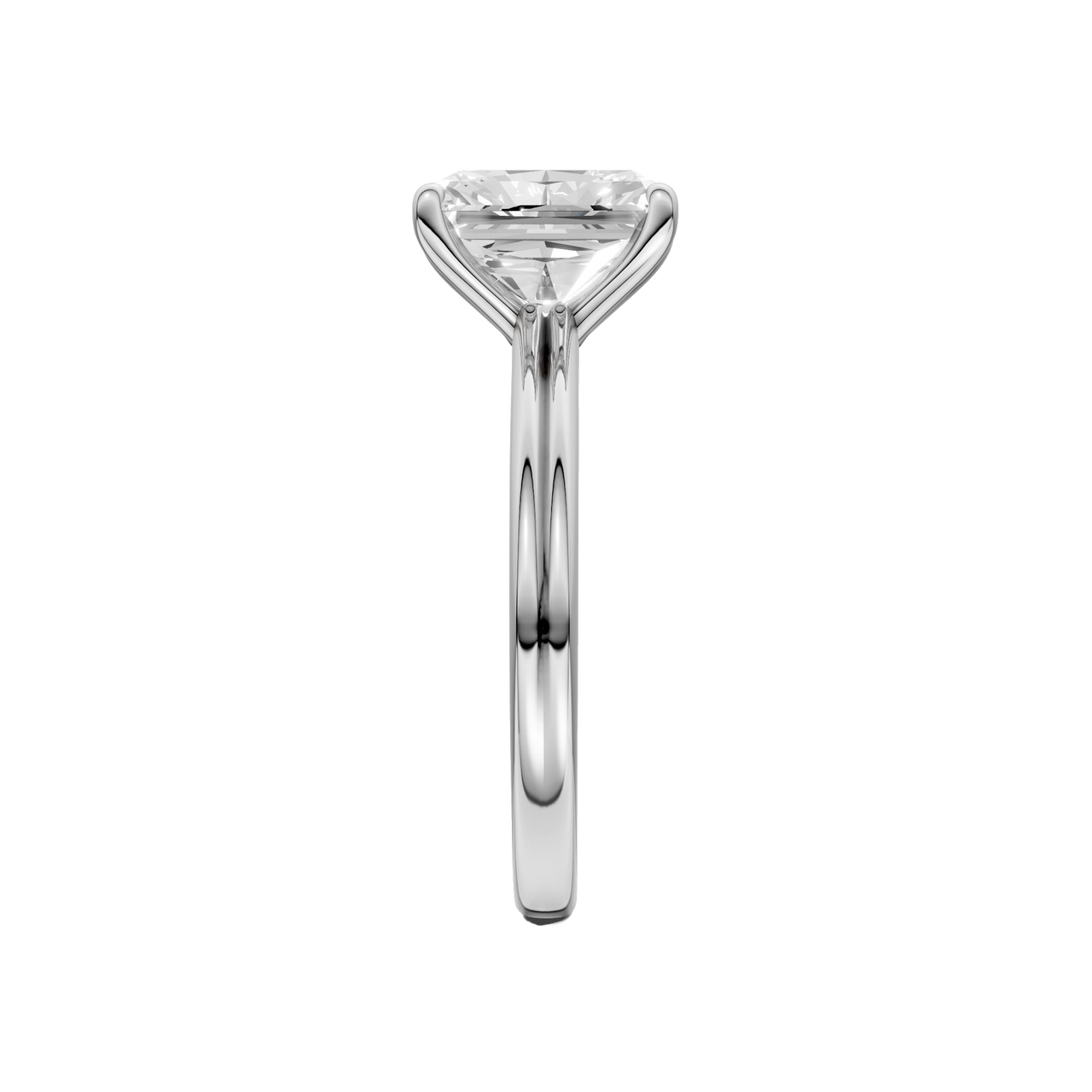 A side view of the Radiant cut diamond engagement ring in platinum with a plain band and solitaire setting
