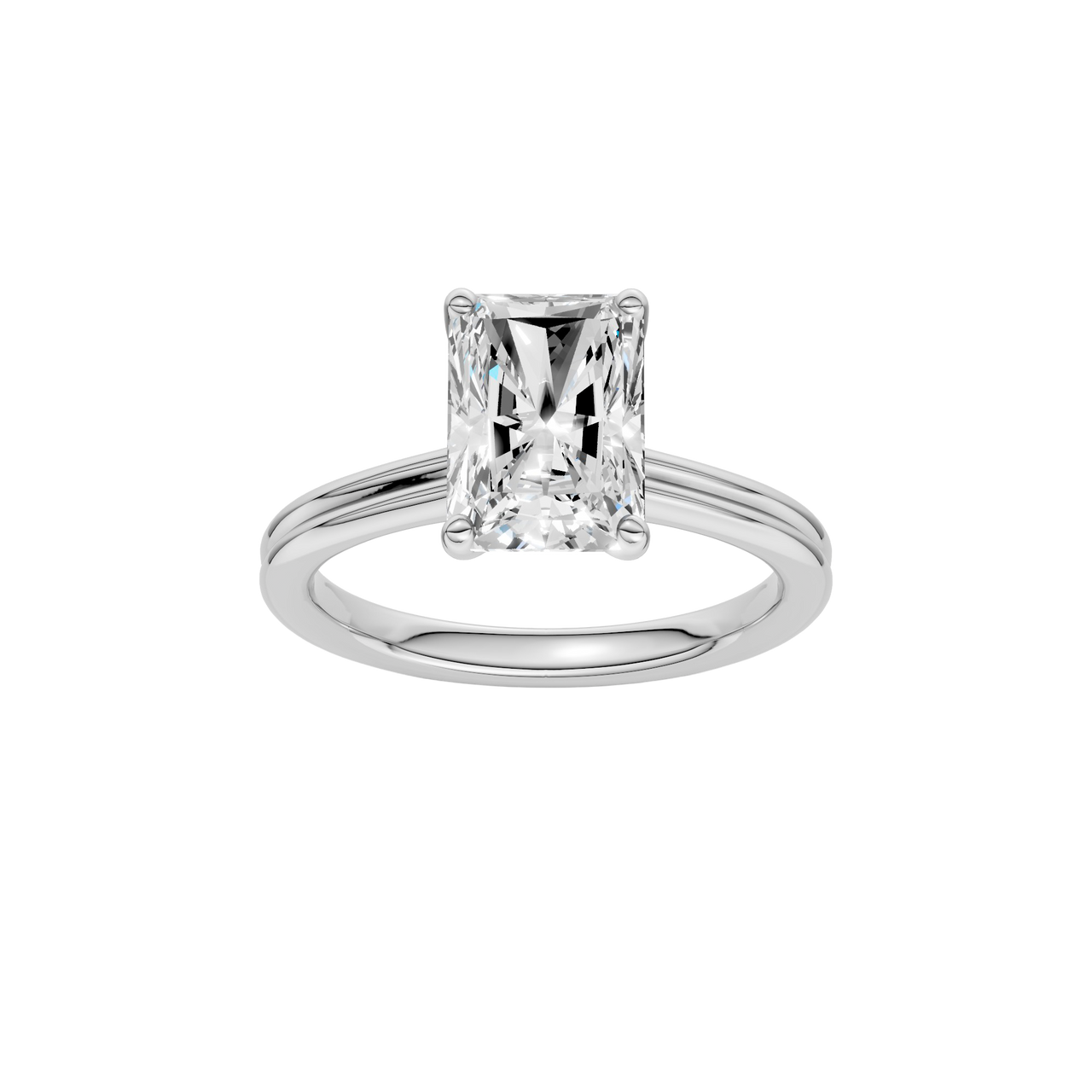 A front view of the Radiant cut diamond engagement ring in platinum with a plain band and solitaire setting